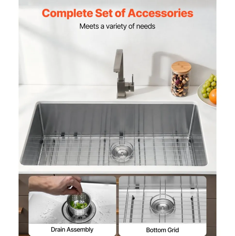 VEVOR 33-inch Kitchen Undermount Single Bowl Sinks, Stainless Steel Drop-In Farmhouse Basin with Ledge & Accessories, Household Dishwasher Sinks for RV, Prep Kitchen, Laundry Room, Bar