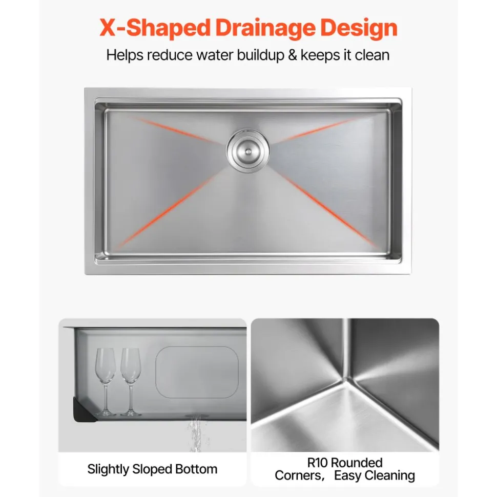 VEVOR 33-inch Kitchen Undermount Single Bowl Sinks, Stainless Steel Drop-In Farmhouse Basin with Ledge & Accessories, Household Dishwasher Sinks for RV, Prep Kitchen, Laundry Room, Bar