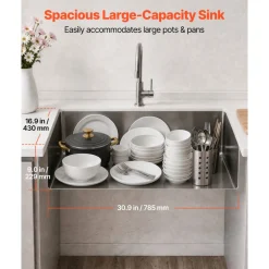 VEVOR 33-inch Kitchen Undermount Single Bowl Sinks, Stainless Steel Drop-In Farmhouse Basin with Ledge & Accessories, Household Dishwasher Sinks for RV, Prep Kitchen, Laundry Room, Bar
