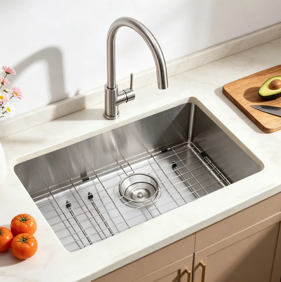 VEVOR 33-inch Kitchen Undermount Single Bowl Sinks, Stainless Steel Drop-In Farmhouse Basin with Ledge & Accessories, Household Dishwasher Sinks for RV, Prep Kitchen, Laundry Room, Bar