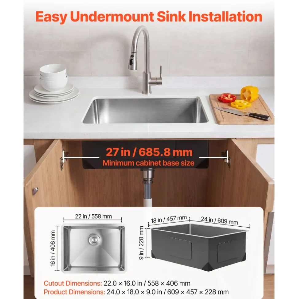 VEVOR 24-inch Kitchen Undermount Single Bowl Sinks, Stainless Steel Drop-In Farmhouse Basin with Accessories, Household Dishwasher Sinks for RV, Prep Kitchen, Laundry Room, Bar