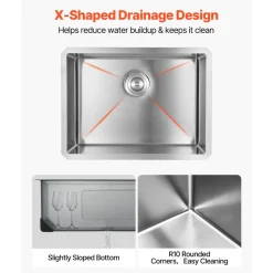 VEVOR 24-inch Kitchen Undermount Single Bowl Sinks, Stainless Steel Drop-In Farmhouse Basin with Accessories, Household Dishwasher Sinks for RV, Prep Kitchen, Laundry Room, Bar