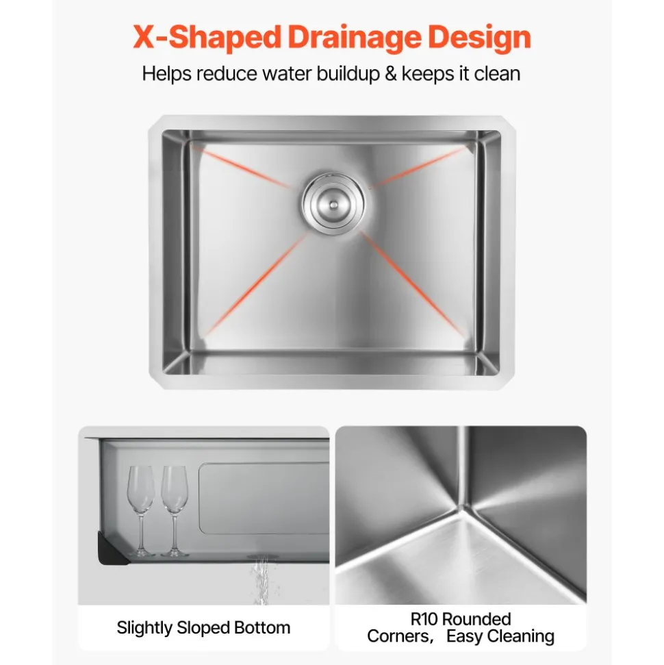 VEVOR 24-inch Kitchen Undermount Single Bowl Sinks, Stainless Steel Drop-In Farmhouse Basin with Accessories, Household Dishwasher Sinks for RV, Prep Kitchen, Laundry Room, Bar
