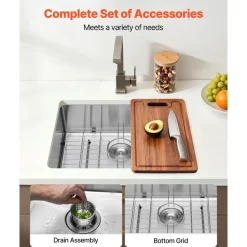 VEVOR 24-inch Kitchen Undermount Single Bowl Sinks, Stainless Steel Drop-In Farmhouse Basin with Accessories, Household Dishwasher Sinks for RV, Prep Kitchen, Laundry Room, Bar