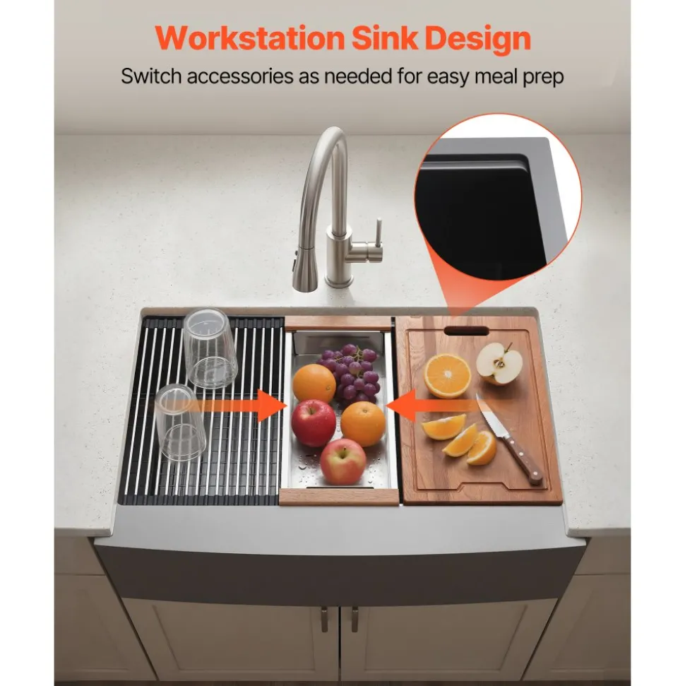 VEVOR 33-inch Kitchen Undermount Single Bowl Sinks, Stainless Steel Drop-In Farmhouse Basin with Ledge & Accessories, Household Dishwasher Sinks for RV, Prep Kitchen, Laundry Room, Bar