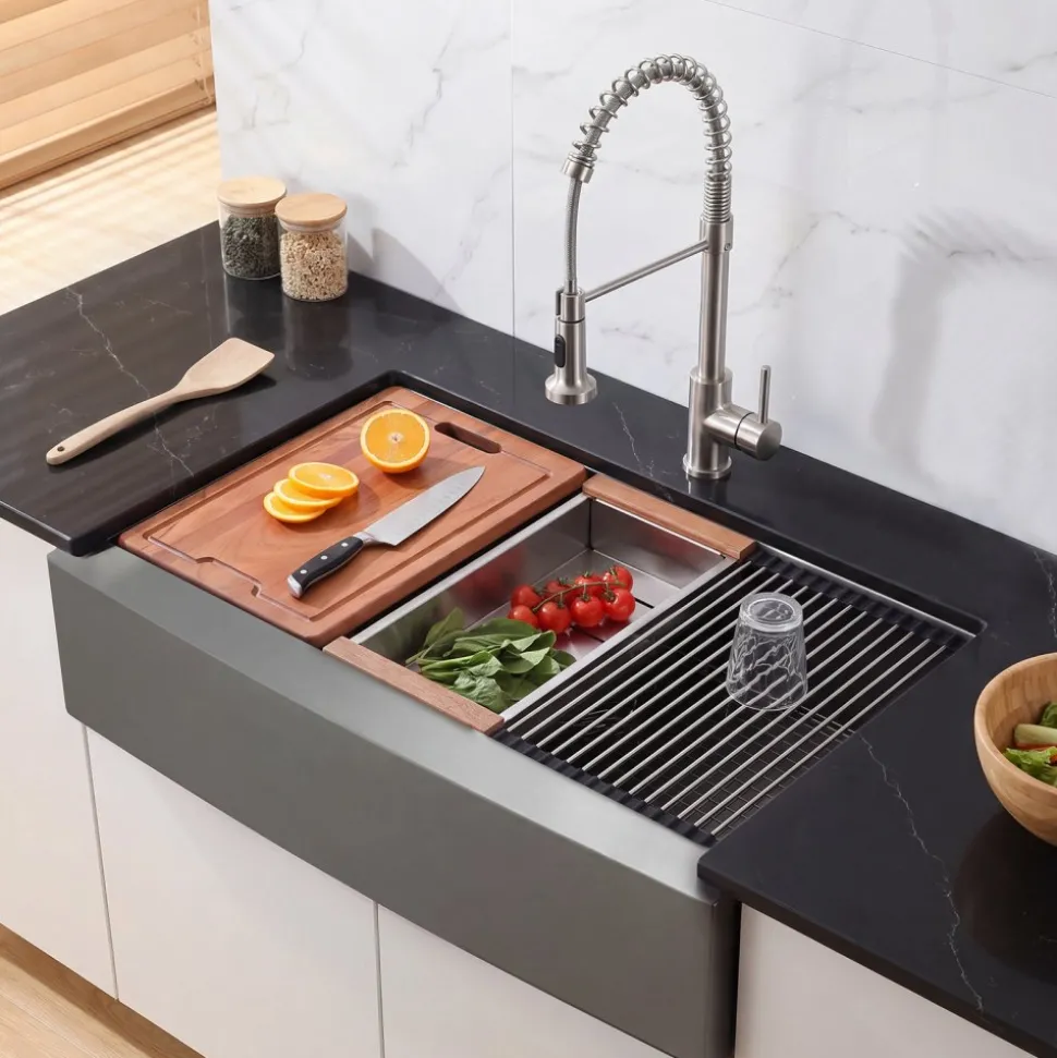 VEVOR 33-inch Kitchen Undermount Single Bowl Sinks, Stainless Steel Drop-In Farmhouse Basin with Ledge & Accessories, Household Dishwasher Sinks for RV, Prep Kitchen, Laundry Room, Bar