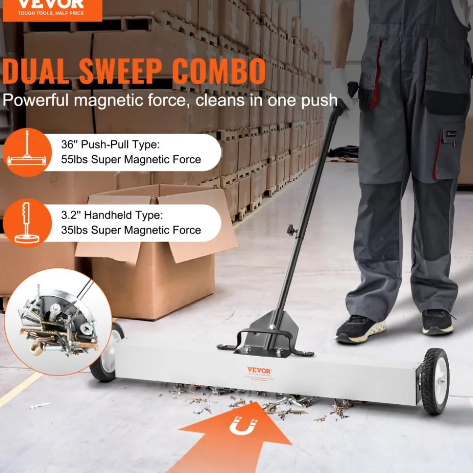 VEVOR 36-Inch Magnetic Sweeper with Wheels, 55 lbs Capacity, with Telescoping Magnetic Pickup Tool, Adjustable Handle, Magnetic Pickup Sweeper to Pick Up Nails and Screws, for Workshop, Garage, Yard