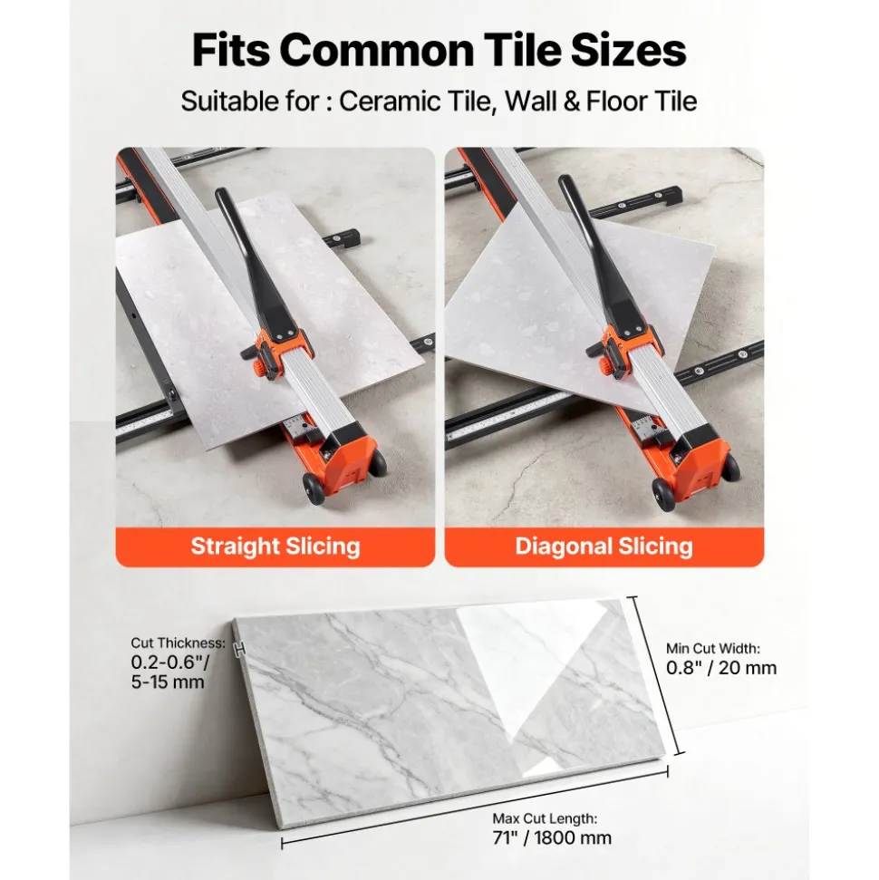 VEVOR 71-Inch Manual Tile Cutter, Upgraded Rail and Sliding Head, Precision Alignment Guide, Tungsten Carbide Cutting Wheel, Support Legs with Swivel Wheels, for DIY Pros, Ceramic, Floor, Wall Tiles