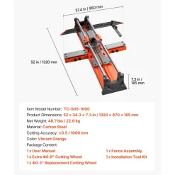 VEVOR 39.4-Inch Manual Tile Cutter, Upgraded Sliding Head Cutting Tool with Spring-Loaded Base, Angle Fence, Tungsten Carbide Cutting Wheel, Alignment Guide, for DIY Pros, Ceramic, Floor, Wall Tiles