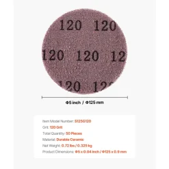 VEVOR 5-inch Mesh Abrasive Sanding Discs, 50PCS 120 Grit Anti-Clogging Ceramic Sandpapers Dust Free, Hook-and-Loop Sanding Discs for Metal Wood Plaster Sanding, Car Body Repair, Paint Removal