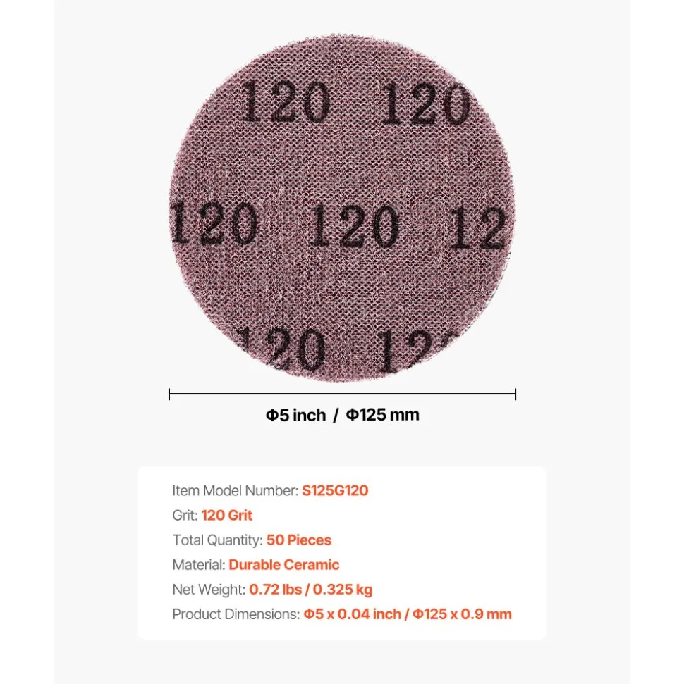 VEVOR 5-inch Mesh Abrasive Sanding Discs, 50PCS 120 Grit Anti-Clogging Ceramic Sandpapers Dust Free, Hook-and-Loop Sanding Discs for Metal Wood Plaster Sanding, Car Body Repair, Paint Removal
