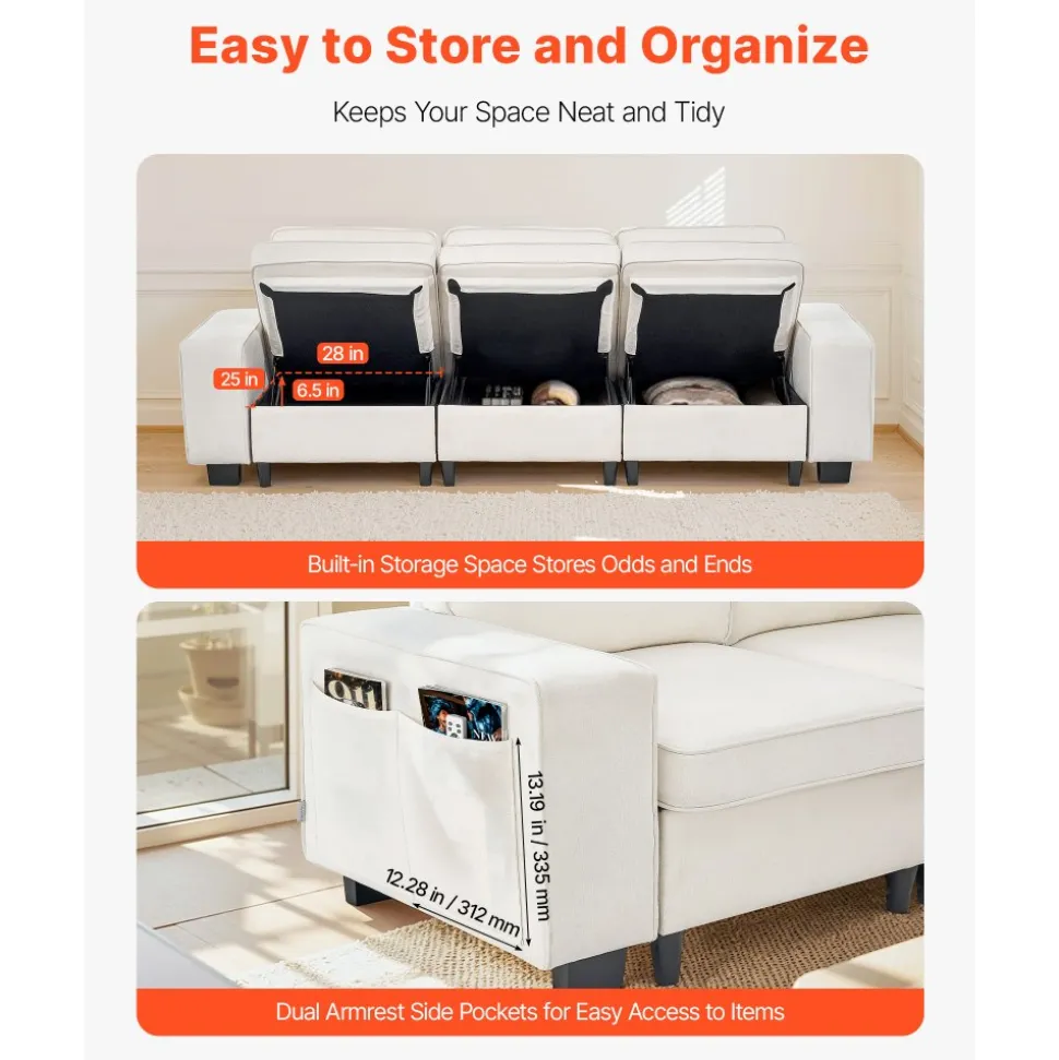VEVOR 100-Inch Modular 3-Seater Sofa – Comfy Couch with Deep Seats & Hidden Storage, Modern Design for Living Room, Apartment, or Office, White