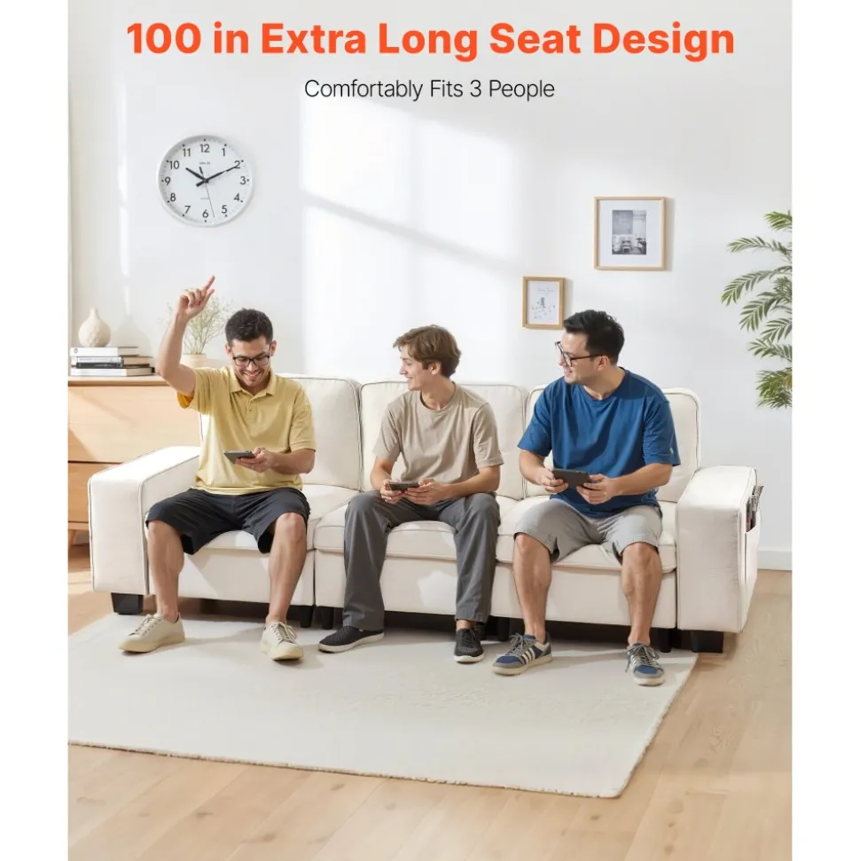 VEVOR 100-Inch Modular 3-Seater Sofa – Comfy Couch with Deep Seats & Hidden Storage, Modern Design for Living Room, Apartment, or Office, White