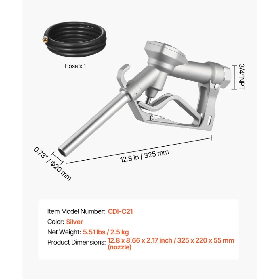 VEVOR 3/4-Inch NPT Fuel Nozzle with 10 ft Hose, Max Flow Rate 22.7 GPM, Diesel Gas Pump Nozzle with 2-Speed Trigger Lock & 0.78 in (OD=20 mm) Spout Used for Gasoline, Diesel, Kerosene, Silver