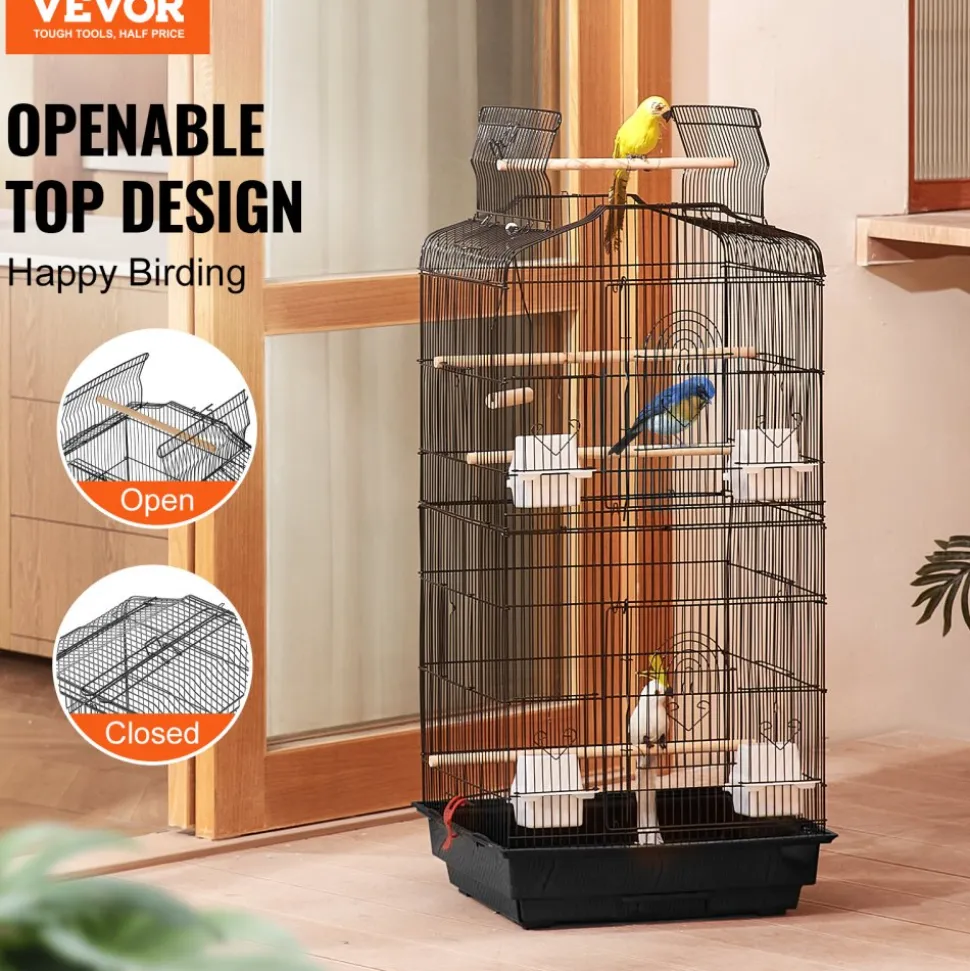 VEVOR 41-inch Open Top Large Parrot Bird Cage, Hanging Bird Cage for Parakeets Finches Canaries Lovebirds Cockatiels Budgies Small Quaker Conures Travel Pet Flight Birdcage with Swing and Perch