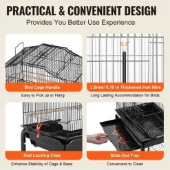 VEVOR 64-inch Open Top Large Parrot Bird Cage with Detachable Rolling Stand for Parakeets Finches Canaries Lovebirds Cockatiels Budgies Small Quaker Conures Flight Birdcage with Swing and Perch