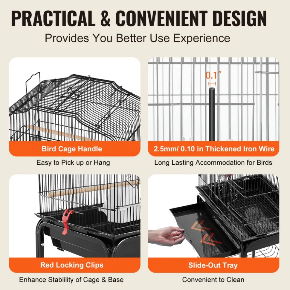VEVOR 64-inch Open Top Large Parrot Bird Cage with Detachable Rolling Stand for Parakeets Finches Canaries Lovebirds Cockatiels Budgies Small Quaker Conures Flight Birdcage with Swing and Perch