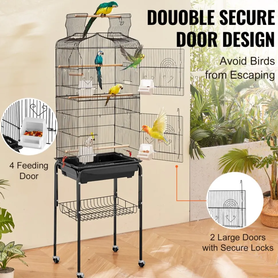 VEVOR 64-inch Open Top Large Parrot Bird Cage with Detachable Rolling Stand for Parakeets Finches Canaries Lovebirds Cockatiels Budgies Small Quaker Conures Flight Birdcage with Swing and Perch
