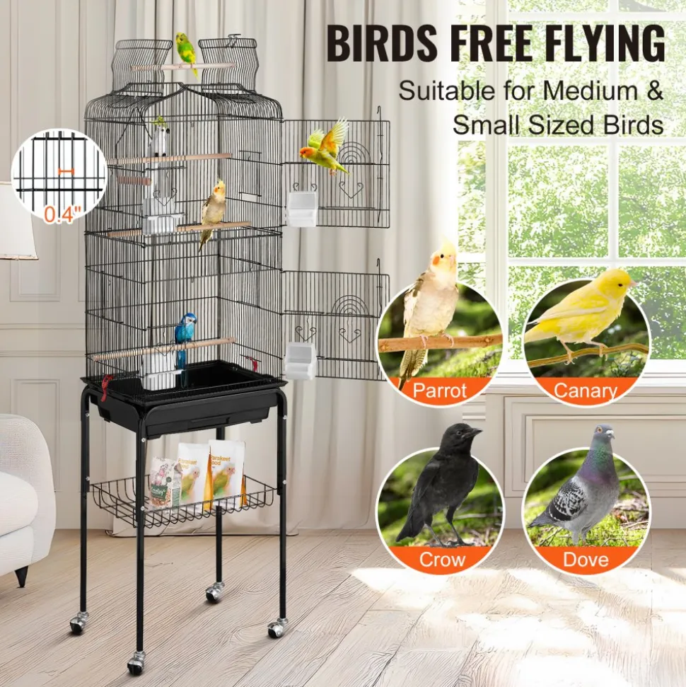VEVOR 64-inch Open Top Large Parrot Bird Cage with Detachable Rolling Stand for Parakeets Finches Canaries Lovebirds Cockatiels Budgies Small Quaker Conures Flight Birdcage with Swing and Perch