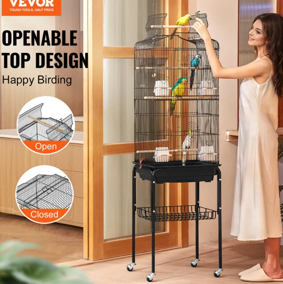 VEVOR 64-inch Open Top Large Parrot Bird Cage with Detachable Rolling Stand for Parakeets Finches Canaries Lovebirds Cockatiels Budgies Small Quaker Conures Flight Birdcage with Swing and Perch