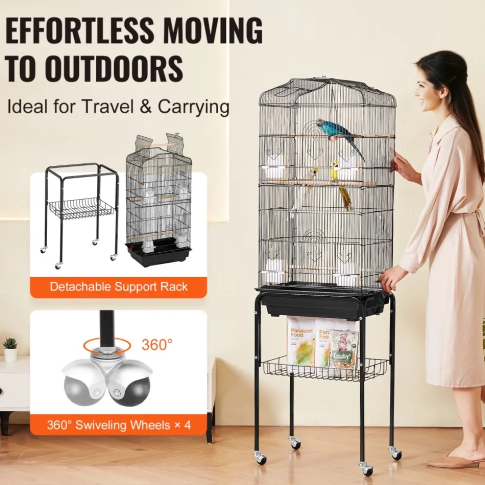 VEVOR 64-inch Open Top Large Parrot Bird Cage with Detachable Rolling Stand for Parakeets Finches Canaries Lovebirds Cockatiels Budgies Small Quaker Conures Flight Birdcage with Swing and Perch