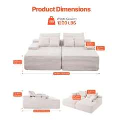 VEVOR 82.7-Inch Oversized Double Chaise Lounge, Corduroy Fabric Sectional Sofa, Cozy Deep Seat Loveseat Sofa with Soft Cushions and Throw Pillows for Living Room Bedroom, No Assembly Required, Beige