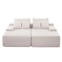 VEVOR 82.7-Inch Oversized Double Chaise Lounge, Corduroy Fabric Sectional Sofa, Cozy Deep Seat Loveseat Sofa with Soft Cushions and Throw Pillows for Living Room Bedroom, No Assembly Required, Beige
