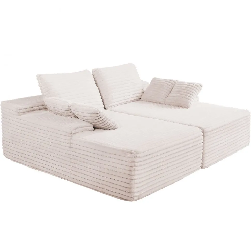 VEVOR 82.7-Inch Oversized Double Chaise Lounge, Corduroy Fabric Sectional Sofa, Cozy Deep Seat Loveseat Sofa with Soft Cushions and Throw Pillows for Living Room Bedroom, No Assembly Required, Beige