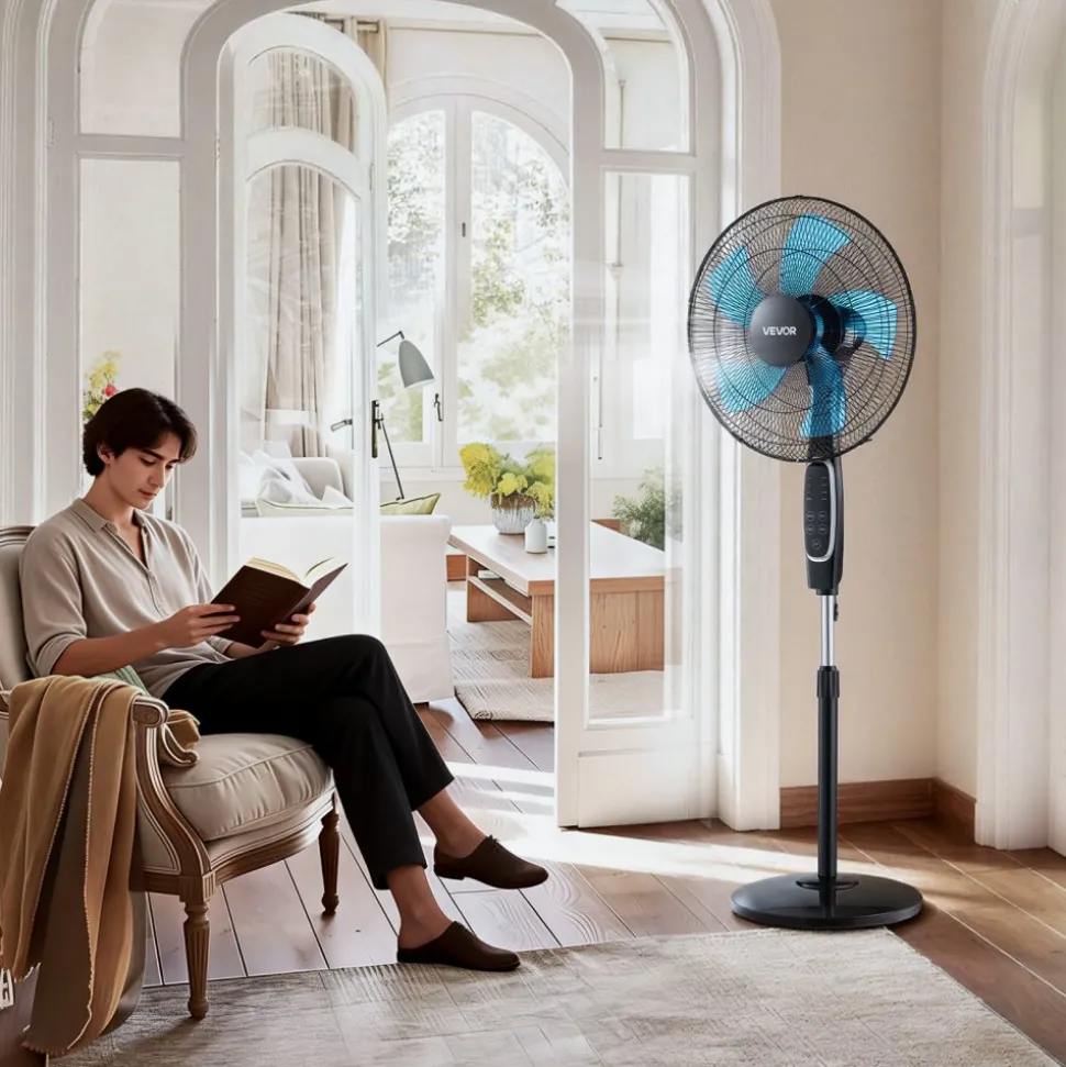 VEVOR 18-Inch Pedestal Fan, 2700 CFM Standing Floor Fan with Remote Control, 9 Speeds & 3 Modes, Oscillating Adjustable Height, Quiet DC Motor 5-Blade for Home, Bedroom, Garage, Workshop, Black