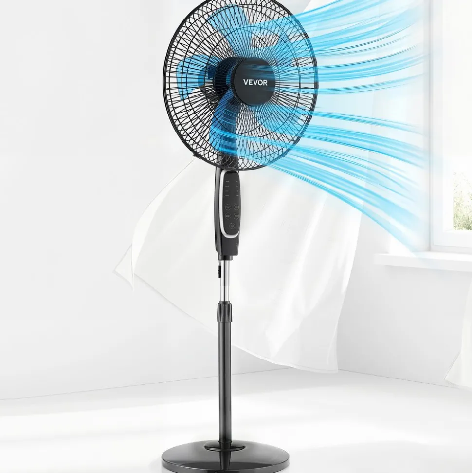 VEVOR 18-Inch Pedestal Fan, 2700 CFM Standing Floor Fan with Remote Control, 9 Speeds & 3 Modes, Oscillating Adjustable Height, Quiet DC Motor 5-Blade for Home, Bedroom, Garage, Workshop, Black