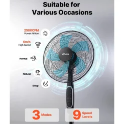 VEVOR 18-Inch Pedestal Fan, 2700 CFM Standing Floor Fan with Remote Control, 9 Speeds & 3 Modes, Oscillating Adjustable Height, Quiet DC Motor 5-Blade for Home, Bedroom, Garage, Workshop, Black