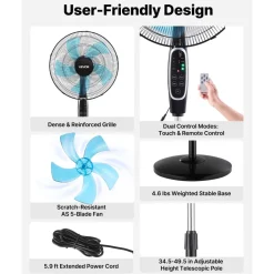 VEVOR 18-Inch Pedestal Fan, 2700 CFM Standing Floor Fan with Remote Control, 9 Speeds & 3 Modes, Oscillating Adjustable Height, Quiet DC Motor 5-Blade for Home, Bedroom, Garage, Workshop, Black