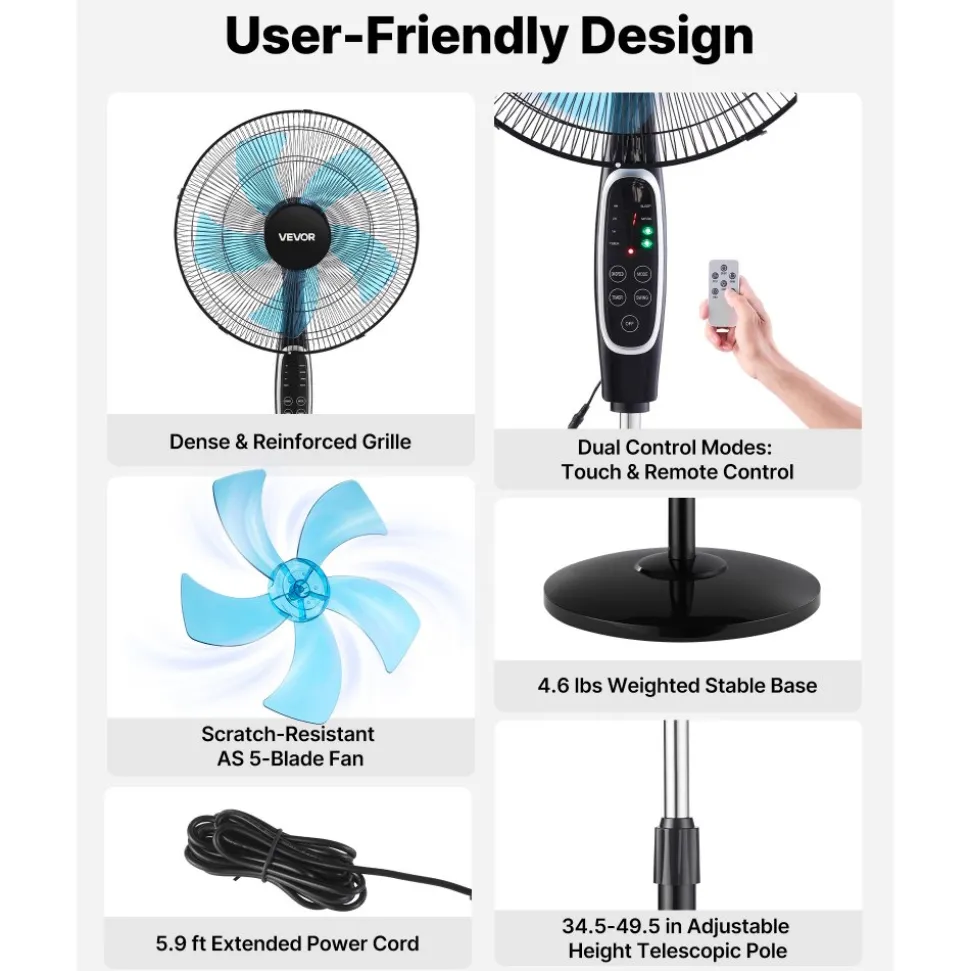 VEVOR 18-Inch Pedestal Fan, 2700 CFM Standing Floor Fan with Remote Control, 9 Speeds & 3 Modes, Oscillating Adjustable Height, Quiet DC Motor 5-Blade for Home, Bedroom, Garage, Workshop, Black