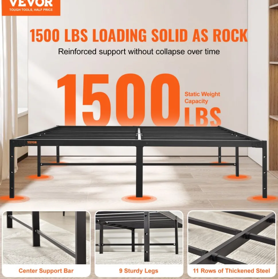 VEVOR 14 Inch Queen Metal Bed Frame Platform, No Box Spring Needed, 1500 lbs Loading Capacity Embedded Heavy Duty Mattress Foundation with Steel Slat Support, Easy Assembly, Noise Free