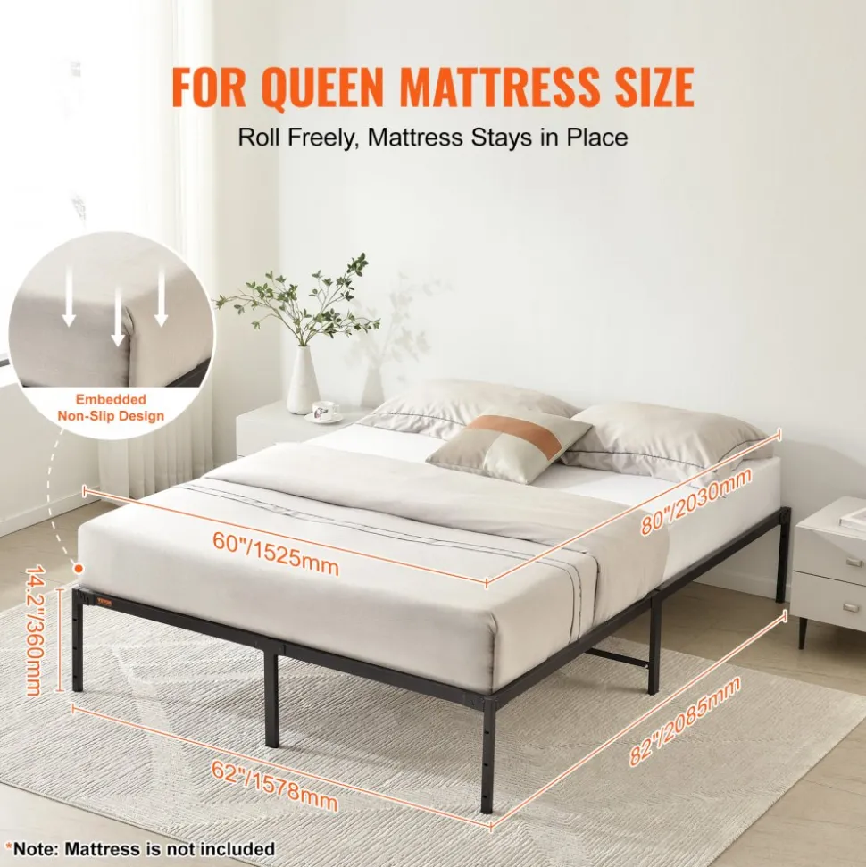 VEVOR 14 Inch Queen Metal Bed Frame Platform, No Box Spring Needed, 1500 lbs Loading Capacity Embedded Heavy Duty Mattress Foundation with Steel Slat Support, Easy Assembly, Noise Free