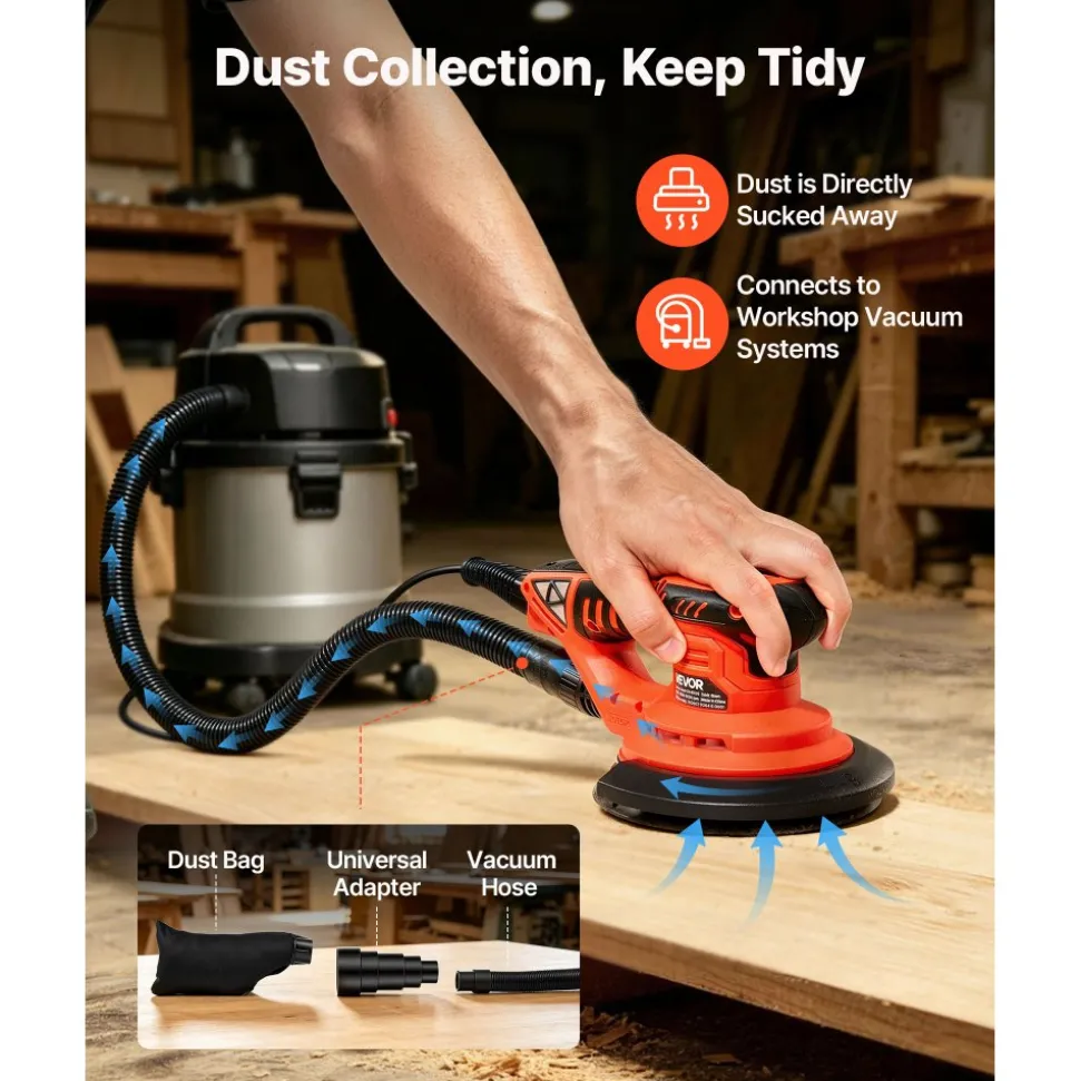 VEVOR 6-Inch Random Orbital Sander 400W Brushless Orbital Sander, 4000-10000RPM 7 Speeds Electric Palm Sanders with 10PCS Sandpapers, Dust Bag & Vacuum Hose for Woodworking Detailing Sanding