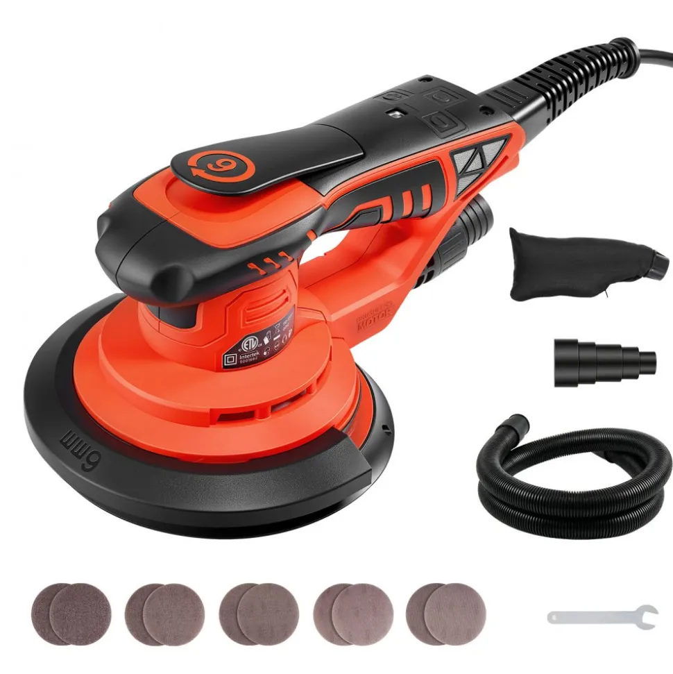 VEVOR 6-Inch Random Orbital Sander 400W Brushless Orbital Sander, 4000-10000RPM 7 Speeds Electric Palm Sanders with 10PCS Sandpapers, Dust Bag & Vacuum Hose for Woodworking Detailing Sanding
