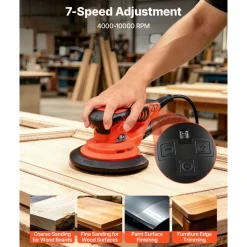 VEVOR 5 & 6-Inch Random Orbital Sander 400W Brushless Orbital Sander, 4000-10000RPM 7 Speeds Electric Palm Sanders with 20PCS Sandpapers, Dust Bag & Vacuum Hose for Woodworking Detailing Sanding