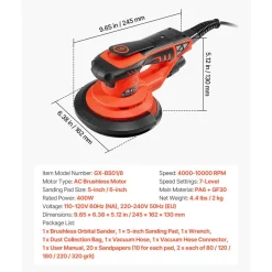 VEVOR 5 & 6-Inch Random Orbital Sander 400W Brushless Orbital Sander, 4000-10000RPM 7 Speeds Electric Palm Sanders with 20PCS Sandpapers, Dust Bag & Vacuum Hose for Woodworking Detailing Sanding