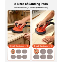 VEVOR 5 & 6-Inch Random Orbital Sander 400W Brushless Orbital Sander, 4000-10000RPM 7 Speeds Electric Palm Sanders with 20PCS Sandpapers, Dust Bag & Vacuum Hose for Woodworking Detailing Sanding
