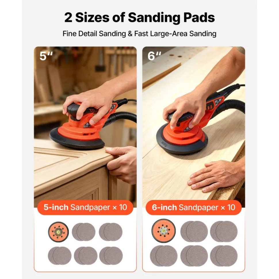 VEVOR 5 & 6-Inch Random Orbital Sander 400W Brushless Orbital Sander, 4000-10000RPM 7 Speeds Electric Palm Sanders with 20PCS Sandpapers, Dust Bag & Vacuum Hose for Woodworking Detailing Sanding