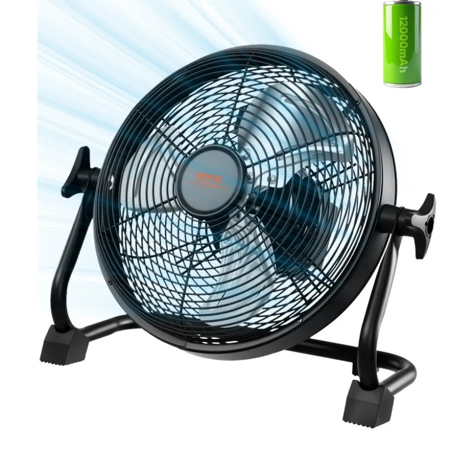 VEVOR 10 inch Rechargeable Battery Operated Camping Floor, High Velocity Portable Outdoor Fan with Metal Frame, Copper Brushless Motor, 360-degree Manual Rotation,for Fishing,Traveling, Picnicking