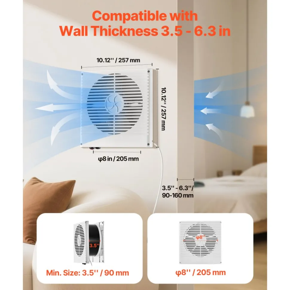 VEVOR 7.5-Inch Room to Room Fan, Through Wall Fan with AC Motor & Bi-directional Adjustable Wind, 180 CFM Ventilation Quiet Exhaust Vent for Kitchen, Living & Laundry Room, Workshop