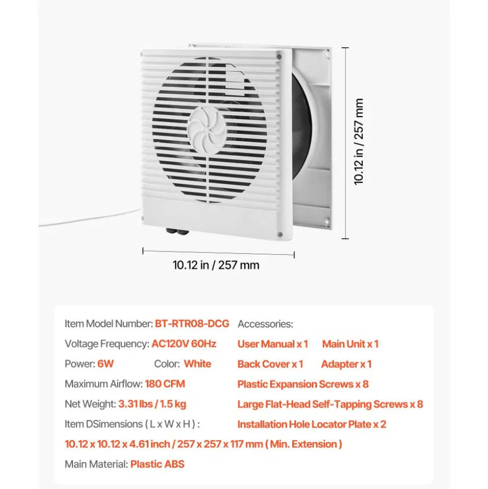 VEVOR 7.5-Inch Room to Room Fan, Through Wall Fan with AC Motor & Bi-directional Adjustable Wind, 180 CFM Ventilation Quiet Exhaust Vent for Kitchen, Living & Laundry Room, Workshop