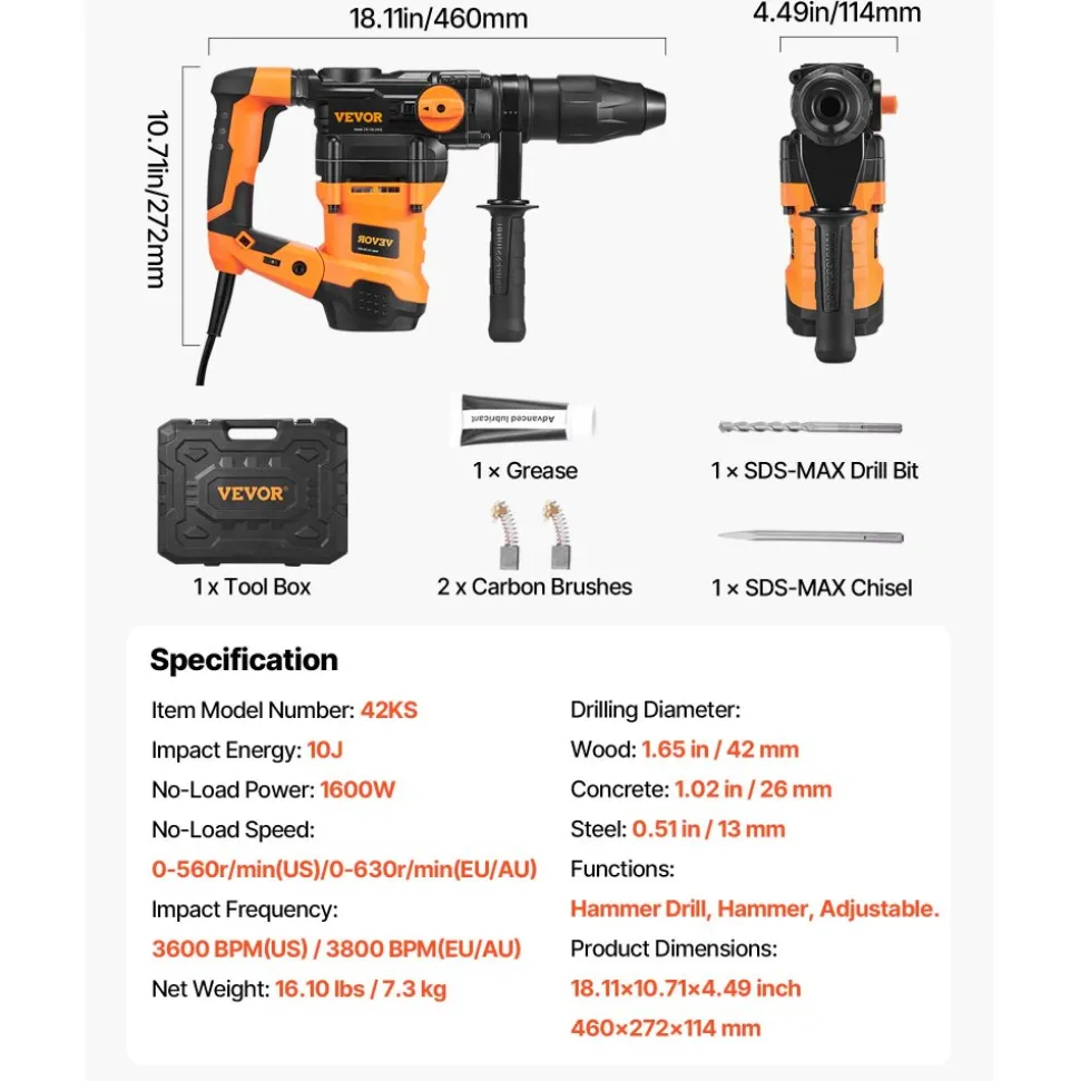 VEVOR 1-9/16 Inch SDS-Max Rotary Hammer Drill, 13Amp Corded Drills, Heavy Duty Chipping Hammers with Vibration Control & Safety Clutch, Electric Demolition Hammers Variable Speed, Power Tool For Concr