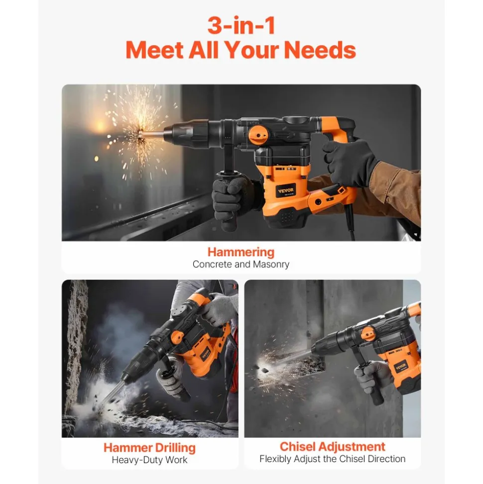 VEVOR 1-9/16 Inch SDS-Max Rotary Hammer Drill, 13Amp Corded Drills, Heavy Duty Chipping Hammers with Vibration Control & Safety Clutch, Electric Demolition Hammers Variable Speed, Power Tool For Concr