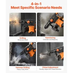 VEVOR 1-1/4 Inch SDS-Plus Rotary Hammer Drill, 13 Amp Corded Drills, Heavy Duty Chipping Hammers with Vibration Control & Safety Clutch, Electric Demolition Hammers Variable Speed, Power Tool For Conc