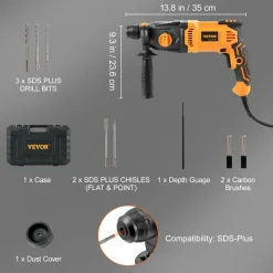 VEVOR 1 Inch SDS-Plus Rotary Hammer Drill, 8 Amp Corded Drills, Heavy Duty Chipping Hammers with Safety Clutch, Electric Demolition Hammers, Taladro Rotomartillo, Power Tool For Concrete