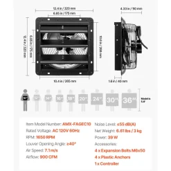 VEVOR 10 inch Shutter Exhaust Fan Wall-Mount Variable Speed Temperature, Automatic Louvers Sturdy Steel Housing, Low Noise, Ventilation and Cooling for Attic, Garage, Barn, Greenhouse, Workshop