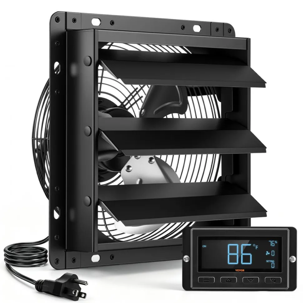 VEVOR 10 Inch Shutter Exhaust Fan Wall Mounted Automatic Louvers EC Motor, Steel Housing, Temperature & Humidity Controller, Ventilation & Cooling for Attic, Garage, Barn, Greenhouse, Workshop, Black